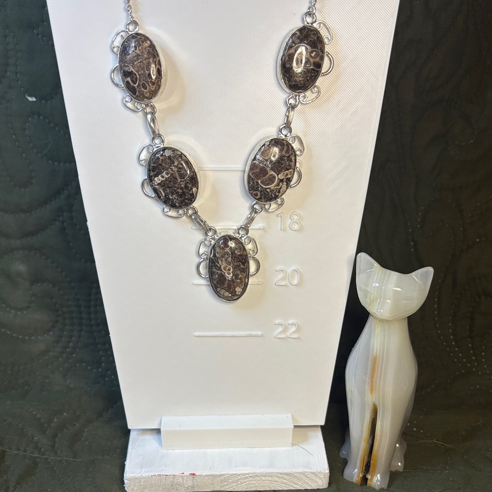 Turritella Agate Oval Statement Necklace – Stamped 925 Sterling Silver